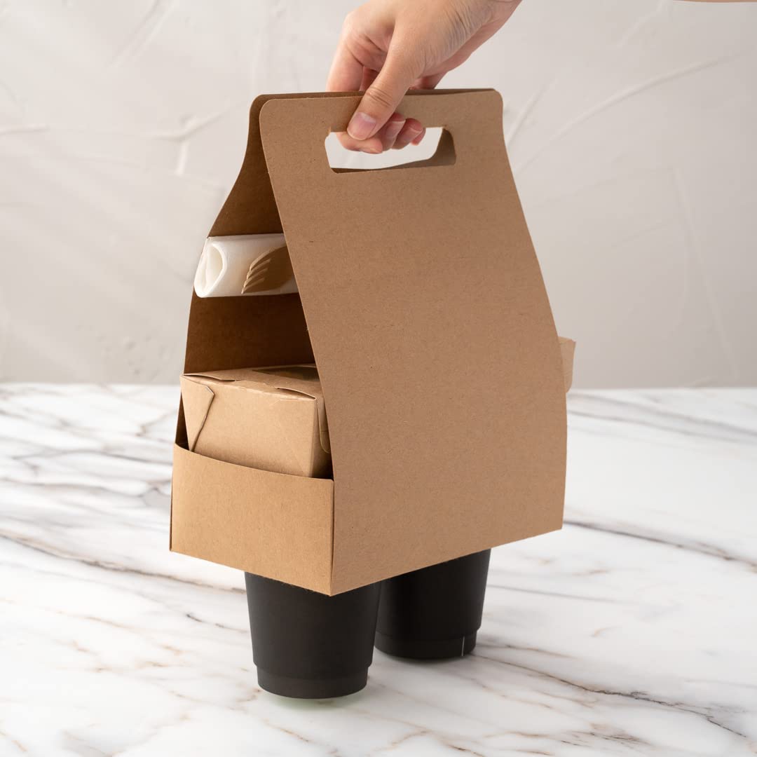 Restaurantware Bio Tek - Fiambreras de papel con asas, 100 recipientes desechables de papel kraft para alimentos, 21 x 10 x 20 cm, portavasos para utensilios de cocina, portadores de bebidas para