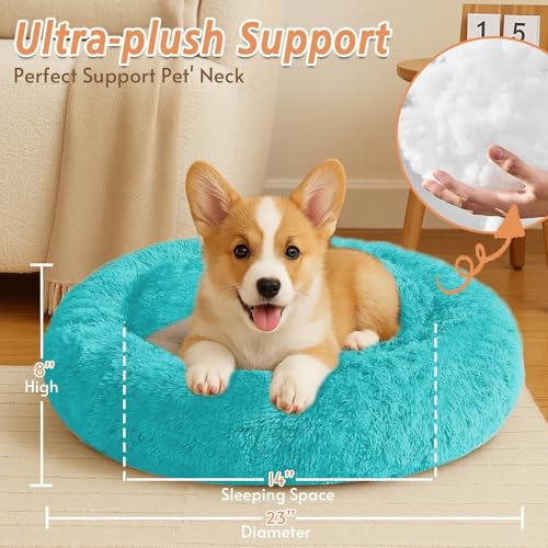 Image of JOLLYVOGUE Calming Dog Bed for Small Dogs - 23 inches Donut Washable Small Dog Bed for Kittens & Puppies, Anti-Slip Round Fluffy Plush Faux Fur Cat Beds (Fits up to 25 lbs Pets, Aqua Blue)