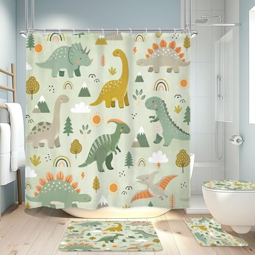 Image of 4PCS Kids Dinosaur 71Wx71H Inches Green Plant Leaves Botanical for Boys Shower Curtain Sets with Rugs, Toilet Lid Cover and Bath Mat, Cute Bath Accessories Art Home Decor Fabric 12 Pack Hooks