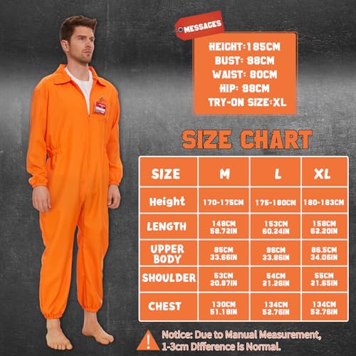 Disfraz de Butanero 7 JONRRYIN Disfraz de prisionero, Disfraz Carcel Naranja para Adultos, Classic Disfraz Preso Hombre con Esposas y Etiqueta de Mombre, Disfraz Convicto de Halloween Cosplay Traje (M)