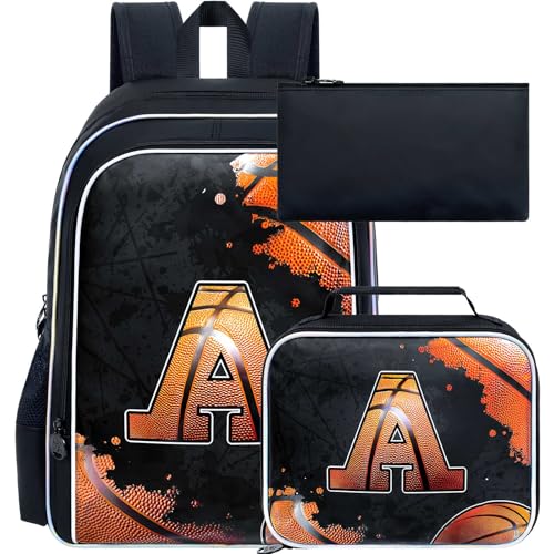 Image of gxtvo 3PCS Boys Basketball School Backpack, 17 inch Kids Letter Bookbag with Lunch Box, Water Resistant Middle Elementary School Bag - Basketball A