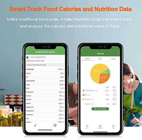 Ataller Smart Food Nutrition Scale, Bluetooth Digital Kitchen Scales with Smartphone App for Baking, Cooking, Keto, Meal Prep, Large, Stainless Steel