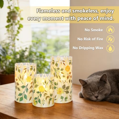 Image of Crystal Club Yellow Floral Flameless Candles with Remote & Timer, 3D Wick Flickering Pillar LED Flameless Candles, Battery Operated for Home Wedding Party Festival Decor, Set of 3
