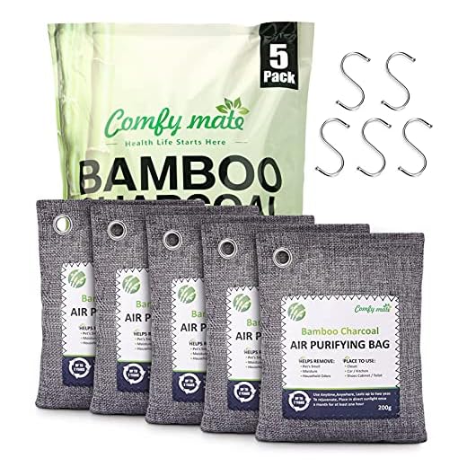 5 Pack Bamboo Charcoal Air Purifying Bags with Hooks,Charcoal Bags Odor Absorber for Home,Odor Eliminator,Closet Deodorizer, Car Air Freshener(5 Pack, 200g Each)