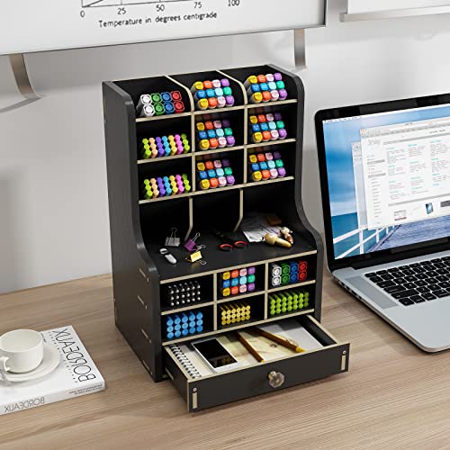 Pen Holder With Drawer, Diy Wood Desk Supplies Organizer, Art Supply Storage Organizer For Desktop, 15 Compartments Updated Side Panel For Office, School,Compact (Black) #TOP4