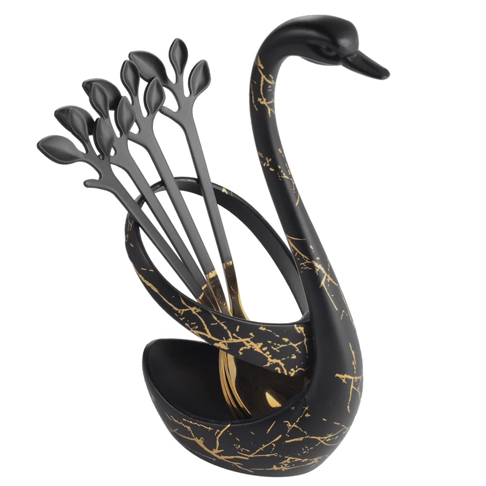 AnSaw Juego de soporte para cucharas de postre pequeñas, base de cisne negro con 8 cucharas de espresso Demitasse negro y dorado, cuchara de café de 4.7 pulgadas, cucharas de té de acero inoxidable