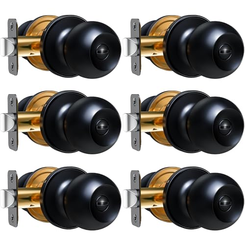 Veise Interior Door Knob 6-Pack, Keyless Privacy Door Locks for Bedroom & Bathroom, Thumb Lock & Emergency Release, Rust-Proof Metal, Easy to Install, Modern Round Doorknobs Set, Matte Black