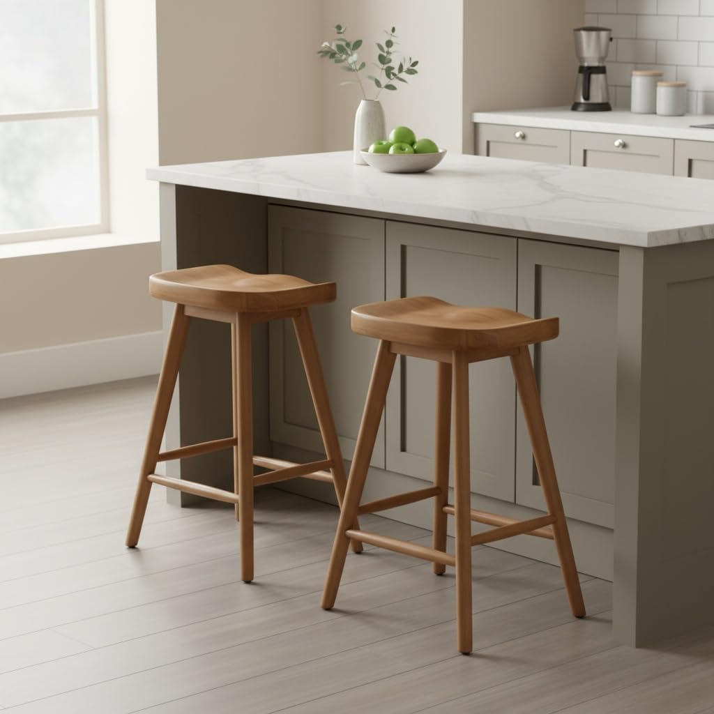 LukeAlon Set of 2 Ergonomic Bar Stools 24.25" Wooden Counter Height Stools with Footrest, Comfortable Saddle Seats for Kitchen & Breakfast Bar, Brown