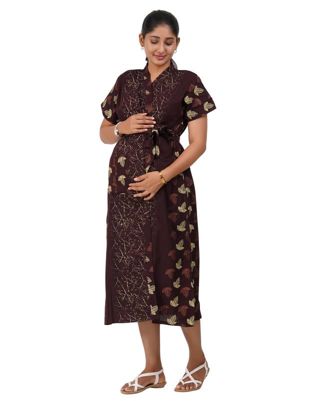 Image of MENMAII Cotton Feeding Robe for Women | Soft Breathable Maternity & Nursing Wear | Front Open Easy Feeding Access | Comfortable Nightwear for New Moms|Calf Length [Size: L,XL,XXL,3XL /FS]