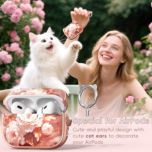 Image of for AirPods Pro 2 Case with Cleaning Kit, Cute Cat Ear Print Design & Cute Buckle for Girls, Phone Holder & Top Safe Lock Buckle Design for AirPods Pro 2nd /1st Gen case, Rose Gold Peony