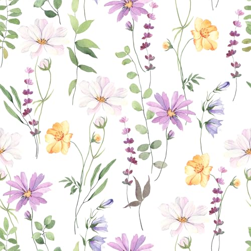 VaryFloral Floral Wallpaper Peel and Stick Purple Pink Daisy Wildflowers Wall Paper Vinyl Roll for Bedroom Living Room Nursery Removable Sticky Botanical Floral Contact Paper for Cabinet 12"x118"