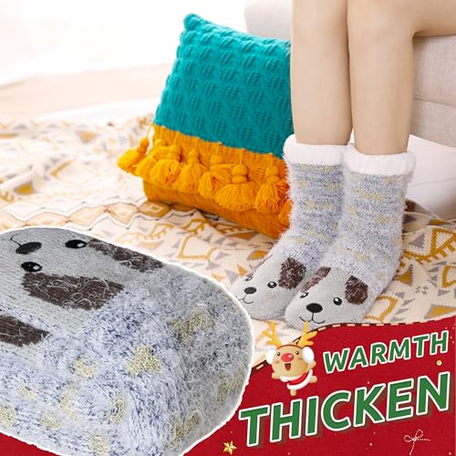 Women Winter Socks Knit Anti-Slip Sweat Warm Cute Cartoon Animals Fuzzy Home Slipper Socks2