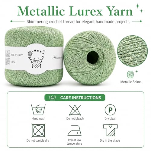 Image of 2PCS Metallic Crochet Thread Yarn for Crocheting,Lurex Thread Round Band Yarn with Sparkle Shine for Clothes, Car Charm, Keychain Charm(Light Green)