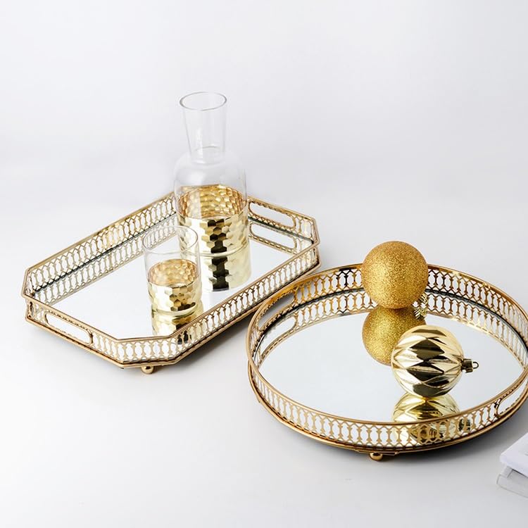 Bandeja para servir, bandeja de té de cristal con espejo, bandeja de almacenamiento dorada, mesa de centro para el hogar, bandeja de almacenamiento de tazas de lujo ligera, bandejas para comer en el r