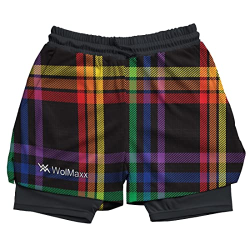 WolMaxx Running Shorts Men, Dark Rainbow Glen Plaid, Sport Shorts with Pockets, Compression Liner 2 in 1, Size M