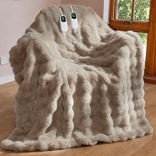 Image of IUUI Electric Heated Blanket King 90''x100'',Luxury Faux Rabbit Fur Heating Throw Blankets,Fast Heating with 1 /2 /4 /6 /8 /10 Hours,Overheat Protection, Quick Heating, Memory Function, Gift-Ready Design