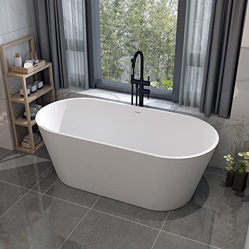 Cpingao 63" Stone Resin Freestanding Bathtub, Modern Oval Solid Surface Soaking Stand Alone Tub, Matte White, Drain & Overflow Included 8816-1600 #TOP7