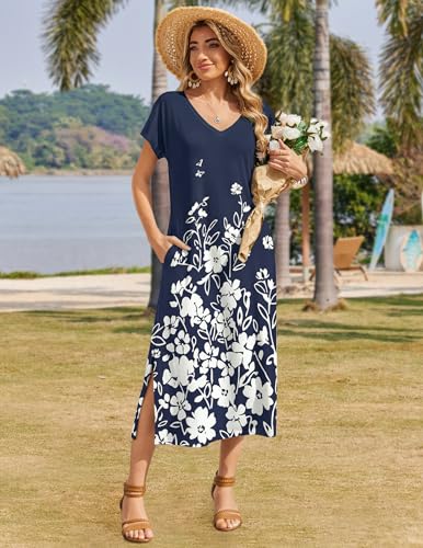 Image of Zeagoo Women Summer Floral Dress Short Sleeve Beach Dress with Pockets Casual V-Neck Split Long T-Shirt Dress Travel Vacation