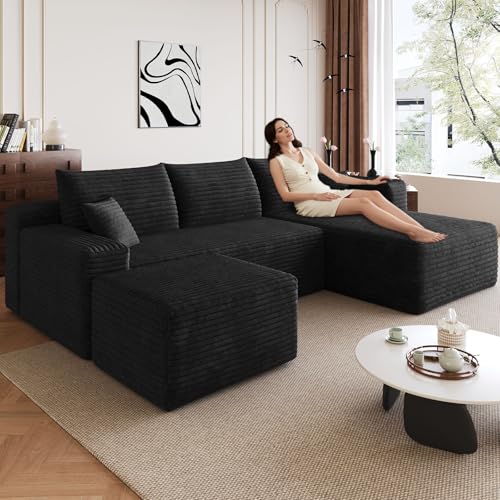 95' Modular Sectional Sofa with Ottoman, Modern Corduroy Cloud Couch with Deep Seat, Boneless Couch Upholstered 3-Seater U-Shaped Sofa for Living Room, No Assembly (Black,Right-Facing Chaise)