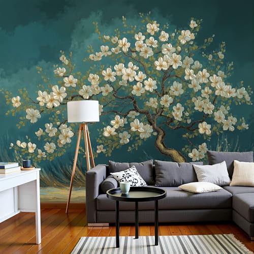 Papier Peint en Soie Arbre à Fleurs Blanches Effet Huile Vintage 200x140cm - 4