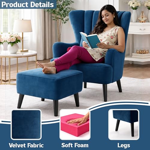 Image of Rosebell Velvet Accent Chair with Ottoman - Modern Upholstered Lounge Chair with High Back, Tufted Design & Comfortable Reading Chair for Living Room, Bedroom, Office-Blue
