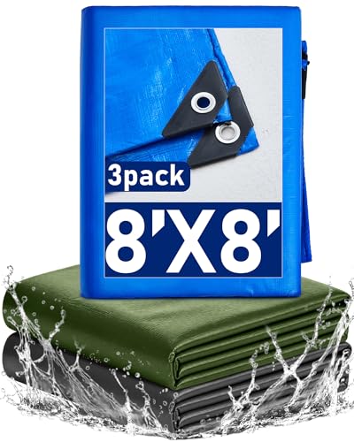 SmoothNovelty 3 Pack 8 x 8 ft Heavy Duty Tarps Waterproof Camping Tarps with Grommets 5.5 Mil Thick UV & Tear Resistant Cover for Outdoor Ground Tent Roof Yard Pool (Blue Army Green Silver)