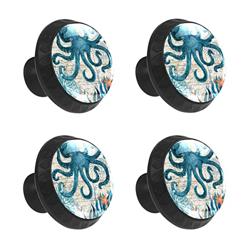MEHOM 4 Pcs Crystal Glass Cabinet Drawer Knob,Cyan Octopus Ocean Round Drawer Knobs Kitchen Cabinets Dresser Cupboard Wardrobe Unique Pulls Handles