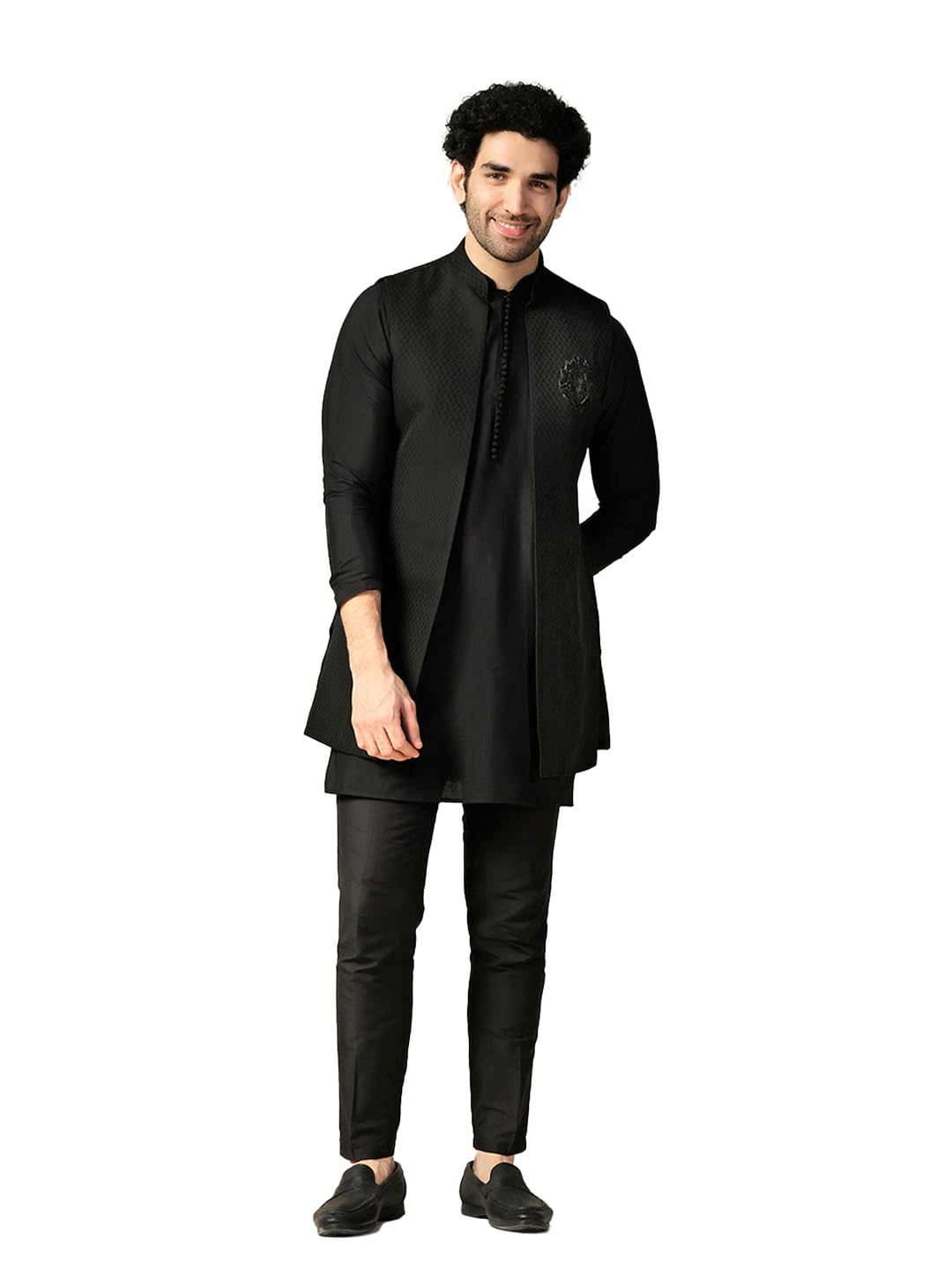 Kisah Men's Kurta Jacket Trouser Set, Black Silk Blend, Jacquard Regular Fit Mandarin Collar Long Sleeves (44)