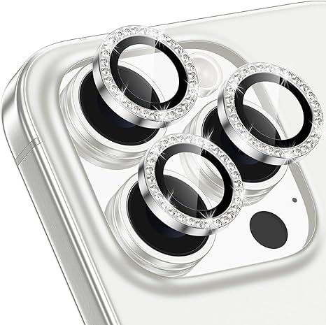 Image of for iPhone 16 Pro /16 Pro Max Camera Lens Protector Bling Individual Metal Diamond Ring 9H Hardness Scratchproof Protector, Stylish Phone Accessories, Case Friendly (Silver Diamond)