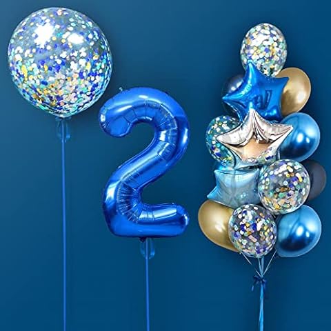 weeyin 2nd Birthday Balloon Decoration Blue, Birthday Balloons for Baby Boy, 40 Inch Number 2 Balloons, Blue Latex Balloons, Huge Confetti Balloon for Boy 2nd Birthday Party Decor Cover