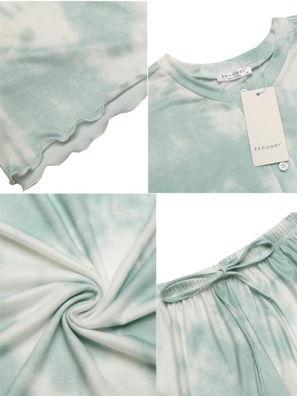 Ekouaer Schlafanzug Damen Kurz Baumwolle Pyjamas mit Knopfe Schlafanzüge Krawattenfarbe Pjs Sets Kurzarm Sleepwear S-XXL - Image 5