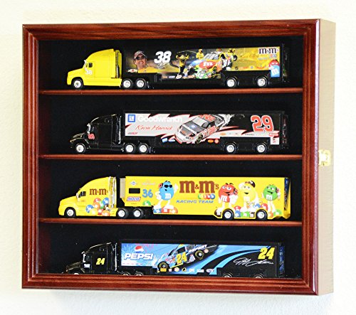 1:64 Scale Hot Wheels Semi Big Rig Trailer Truck Display Case Cabinet Holds 4 (Cherry Finish)