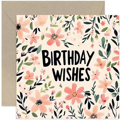 Beautiful Birthday Cards for Women - Gouache Painted Pink Flowers Design - Bold 'Birthday Wishes'...