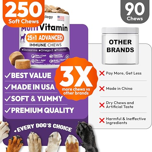 25-in-1 Dog Vitamins and Supplements - 250 Chews Dog Multivitamin Chewable with Glucosamine, Probiotics Omega 3 for Dogs Skin & Coat Hip & Joint Gut Brain Immune Support - Senior & Puppy Multivitamin - Image 3