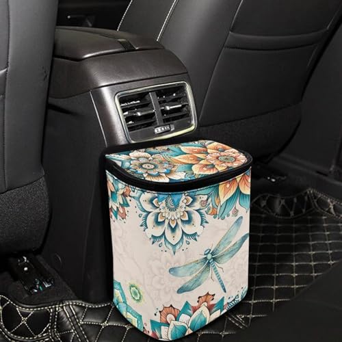 Image of Bohemian Flower Dragonfly Car Trash Bin with Lid,Leak-Proof Car Organizer, Waterproof Car Garbage Can for Vehicle /Home /Office