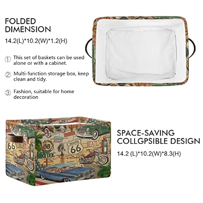 Vintage Route 66 Poster Car Motorcycle on American Flag 1 PC Rectangle Storage Basket Collapsible Fabric with Leather Handles Bag Organizer Clothes for Home Bedroom 15 x 11 x 9.5 in