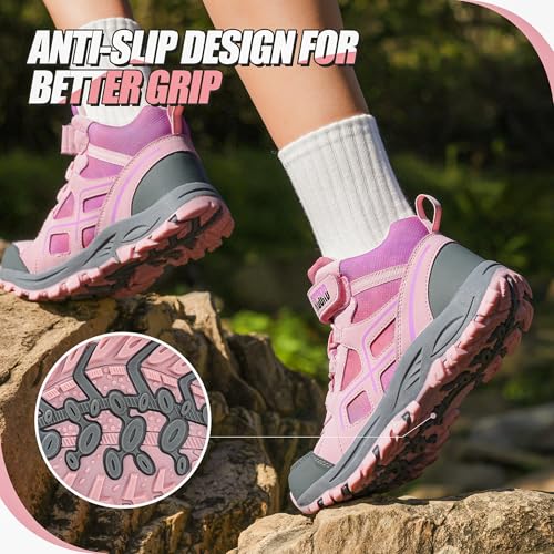 R CORD Kids Hiking Boots Waterproof Girls Hiking Boots Durable TPR Traction Outsole Girls Hiking Shoes Anti-Skid Athletic Hook and Loop Closure Kids Hiking Shoes for Outdoor3