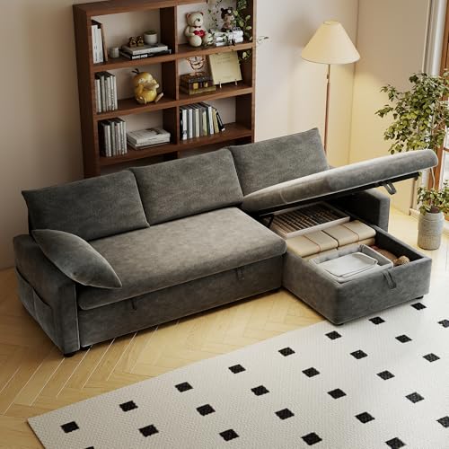 Winlice Canape Dangle Convertible 3 Places, Canapé Modulable avec Rangement en Tissu Chenille Gris Foncé - pour Salon et Bureau,Appartement