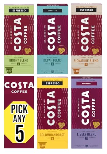 Costa Nespresso Compatible Aluminum Coffee Capsules Pick Any 5 Packs. Choose from 5 different flavours inc. Signature Blend, Bright Blend, Lively Blend, Decaf Blend, Colombian Roast (Total 50 Pods)