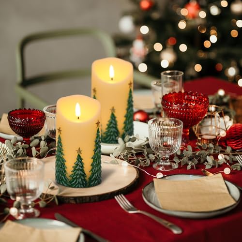Image of Eldnacele Christmas Flameless Candles with 6 Hour Timer Battery Operated Hand Painted Christmas Tree Real Wax 3D Wick Flickeirng LED Pillar Candle for Dinner Indoor Holiday Xmas Decor(2Pcs,D3xH5.7)
