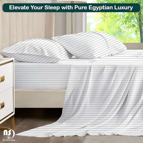 Image of NON Sticky cotton Premium 4 Piece Egyptian Cotton Fitted Queen Sheet Set, Hotel Quality Soft Breathable Bedding Sheets, 15 inch Deep Pocket, 60 inch X 80 inch, White Stripe