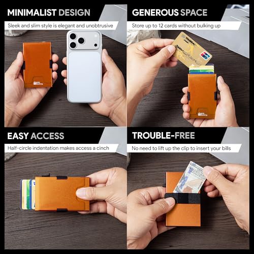 Image of Minimalist Mens Card Holder Wallet, RFID Blocking Slim Smart Pop Up Aluminum Wallet,Holds 12+ Cards,Expandable Compact Plate,Cash Strap /Money Clip (Orange)