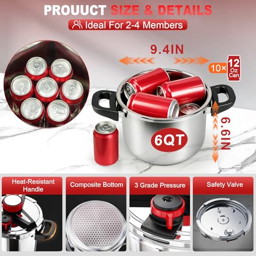 Image of 3-In-1 304 Stainless Steel Pressure Cooker 6.3 Quart: [Explosion-Proof] [3 PSI Settings], One-Hand Locking Pressure Canner, Induction Compatible, Glass Lid & Steamer Rack Included, Olla de Presion,N3