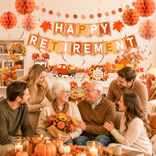 Image of YTHETM Fall Retirement Party Decorations for Men Women Happy Retirement Banner Honeycomb Balls Hanging Swirl Circle Dots Garland Fall Retirement Party Supplies