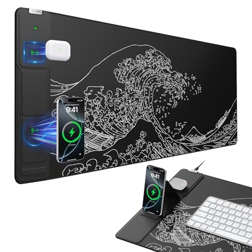 Image of Wireless Charging Mouse Pad with Foldable Phone Holder, 31.5 inchx15.8 inch Large Desk Mat for Laptop /Keyboard, Waterproof Ultra-Smooth Surface, Non-Slip Base, Black Wave