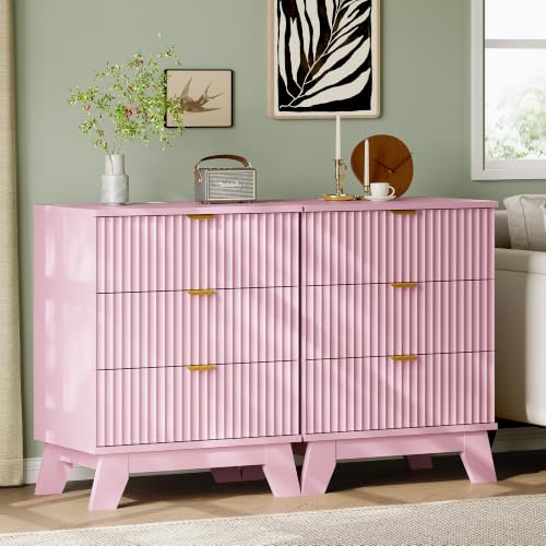 Image of Xixini Fluted Nightstand with Charging Station, Tall Bedside Table, Pink
