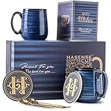 HASENSE Coffee Mugs Set of 2, 12oz Ceramic Glazed Mugs with Handles, Blue Reactive Glazes Tea Cups Gift Set for Men and Women, Includes Gold Spoon & Coaster