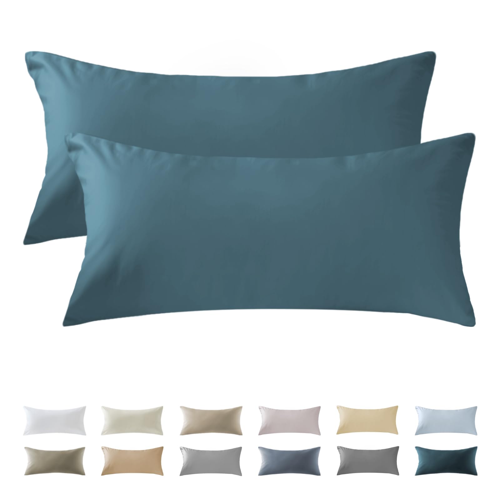 SOULFUL Satin Kissenbezug 40x80 Baumwolle,Kissenbezüge 2 Teilig mit Reißverschluss,ÖkoTex Zertifiziert, Weich und Bequem,Pfauenblau