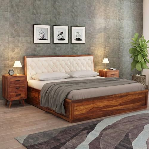 Image of DRIFTINGWOOD Dolvi Sheesham Wood King Size Bed with Box Storage and 2 Bed Side Table, Upholstered Headboard Bedroom Set with Drawers, King Size, Natural Finish (3 Piece Bundle)