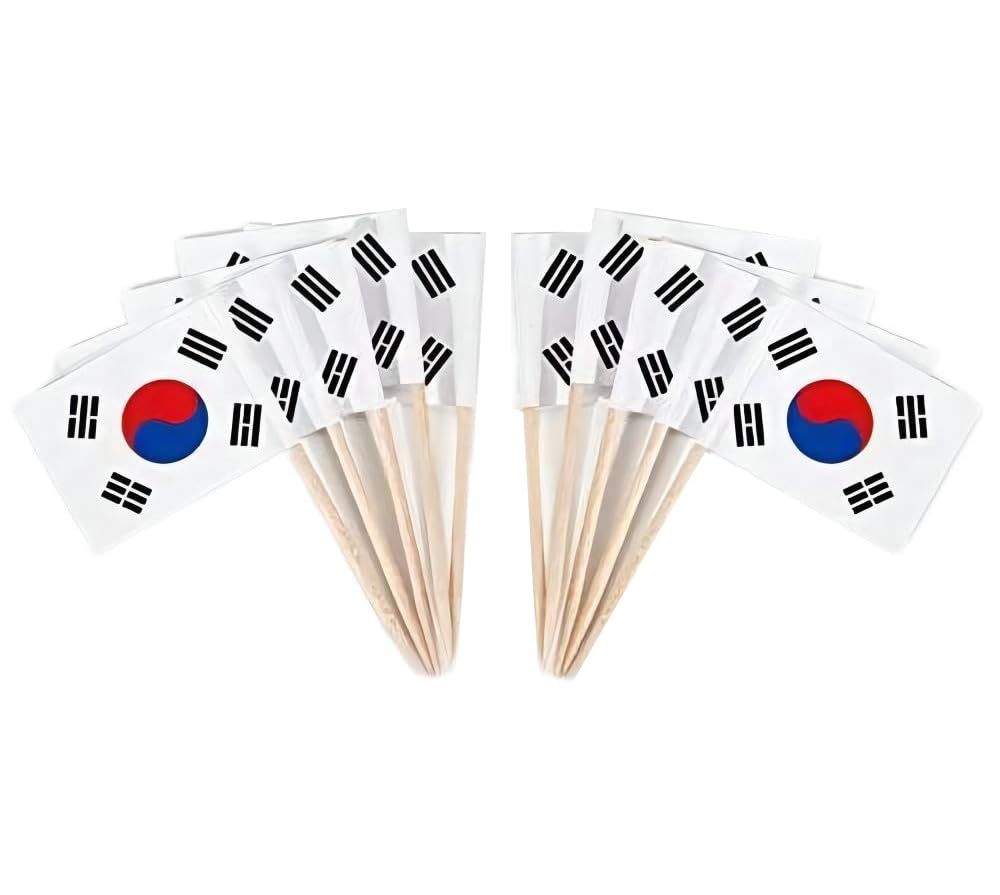 JAVD CYPS 100 Pcs Korea Flag Korean Toothpick Flags, Small Mini Stick Cupcake Toppers Korean Flags,Country Picks Party Decoration Celebration Cocktail Food Bar Cake Flags